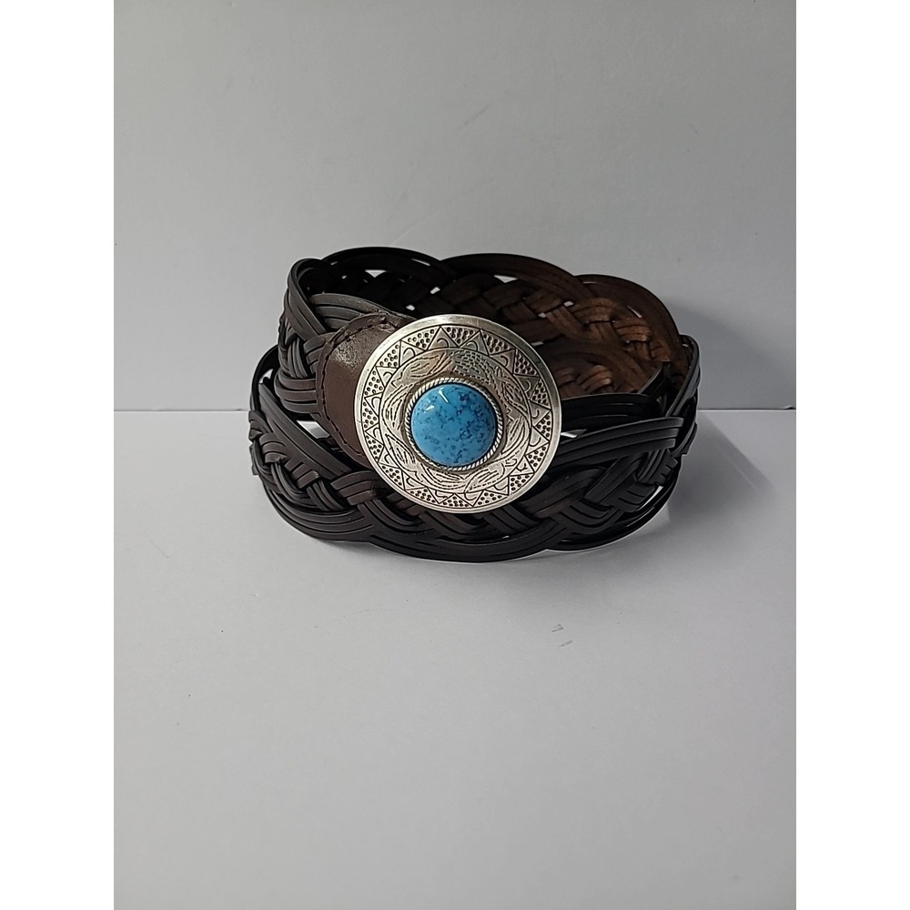 Vintage Aimee Lynn Belt Bonded Leather Braided Brown Silver Tone Buckle Blue M/L